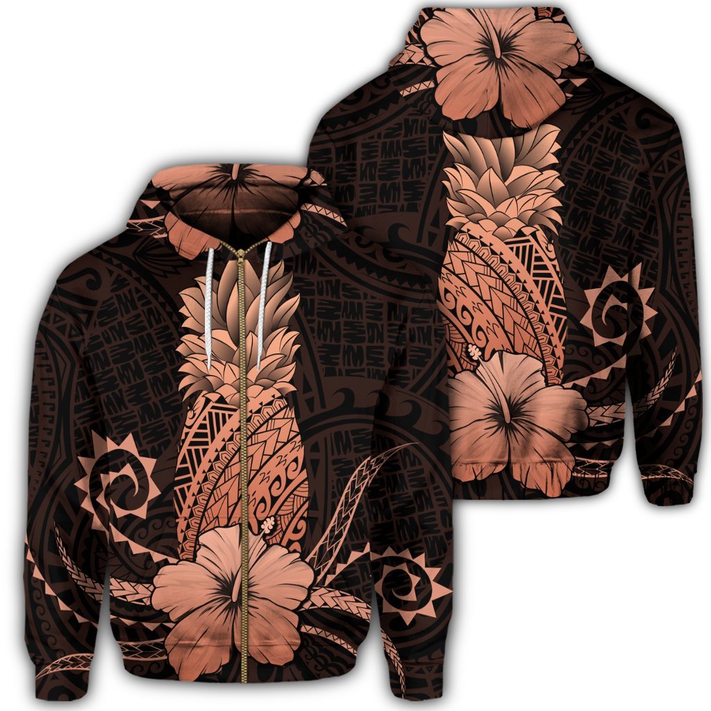 Hawaii Polynesian Zip Hoodie Pineapple Hibiscus Orange Unisex Art - Polynesian Pride