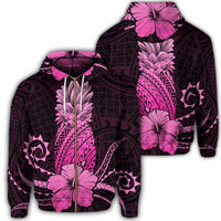 Hawaii Polynesian Zip Hoodie Pineapple Hibiscus Pink Unisex Art - Polynesian Pride