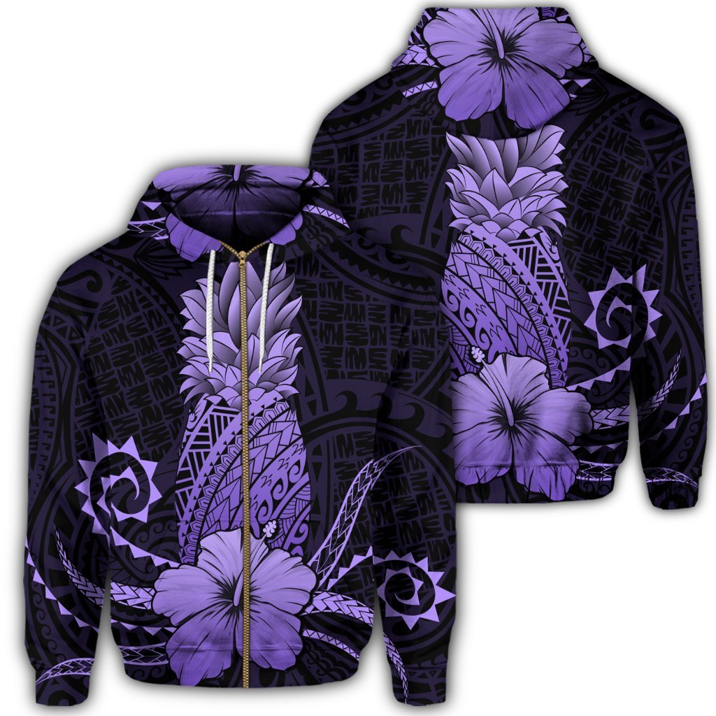 Hawaii Polynesian Zip Hoodie Pineapple Hibiscus Purple Unisex Art - Polynesian Pride