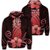 Hawaii Polynesian Zip Hoodie Pineapple Hibiscus Red Unisex Art - Polynesian Pride