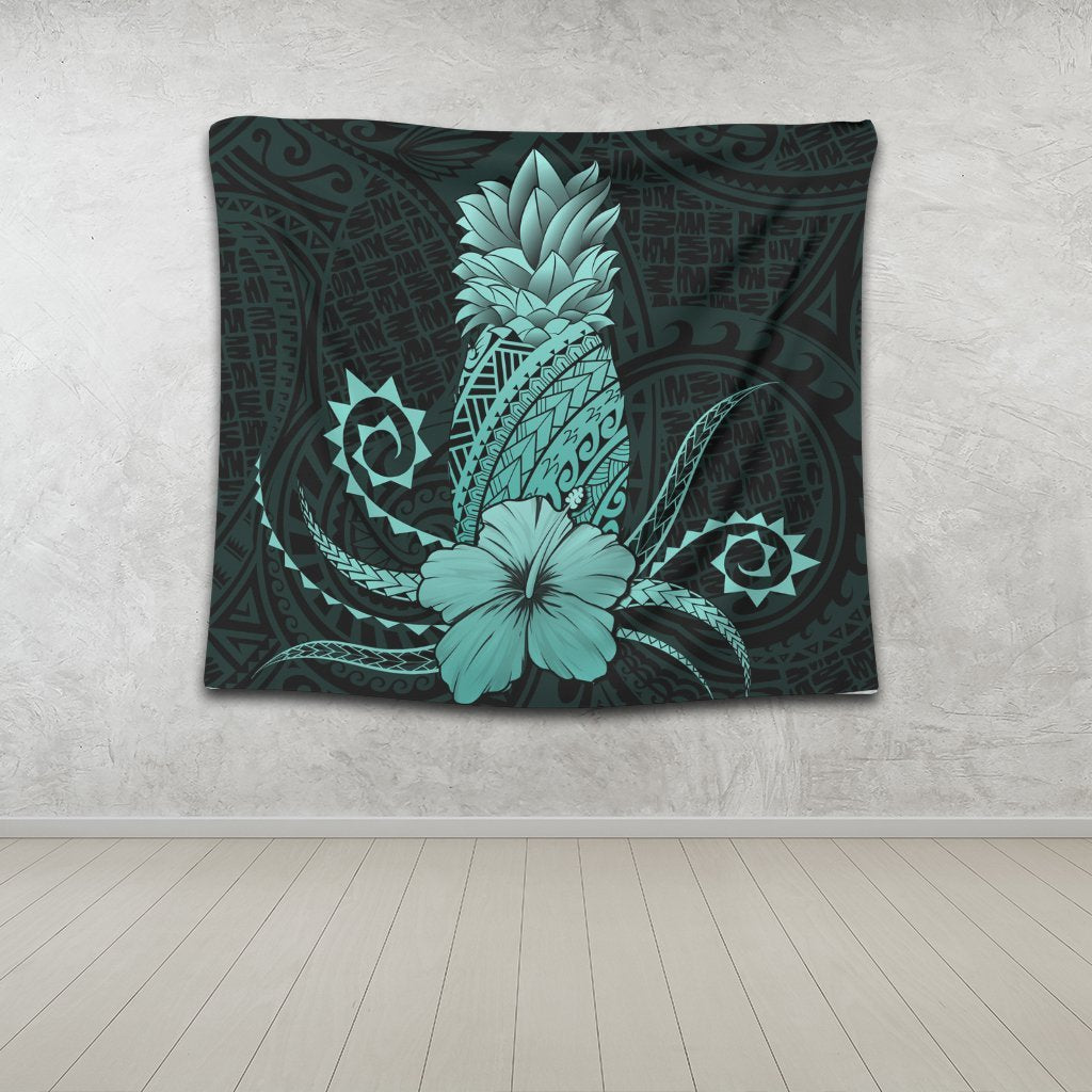 Hawaii Polynesian Pineapple Hibiscus Tapestry - Turquoise - AH - Polynesian Pride