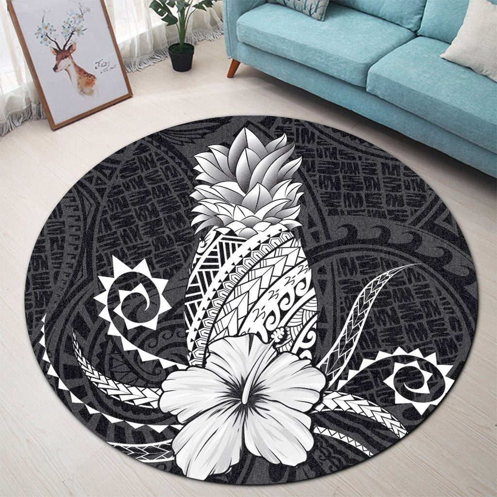 Hawaii Polynesian Pineapple Hibiscus Round Carpet - White - AH - Polynesian Pride