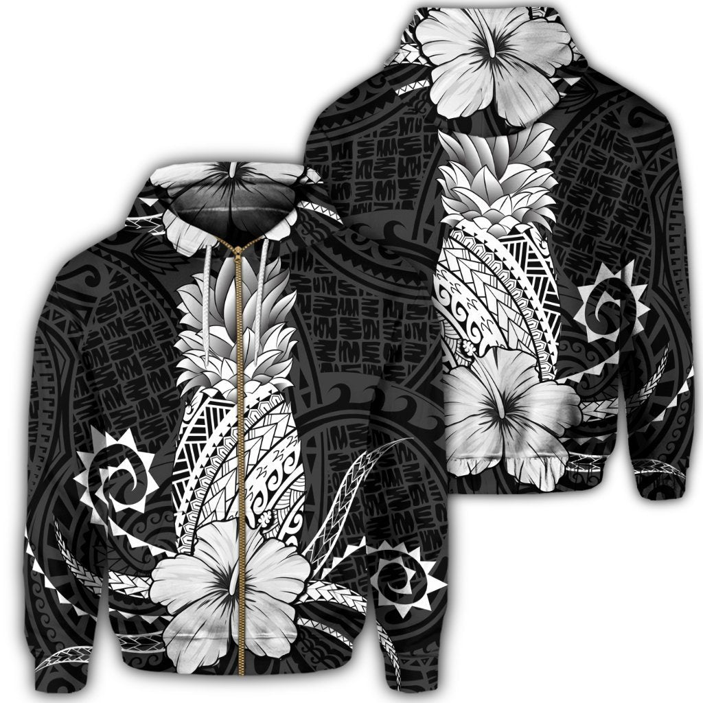 Hawaii Polynesian Zip Hoodie Pineapple Hibiscus White Unisex Art - Polynesian Pride