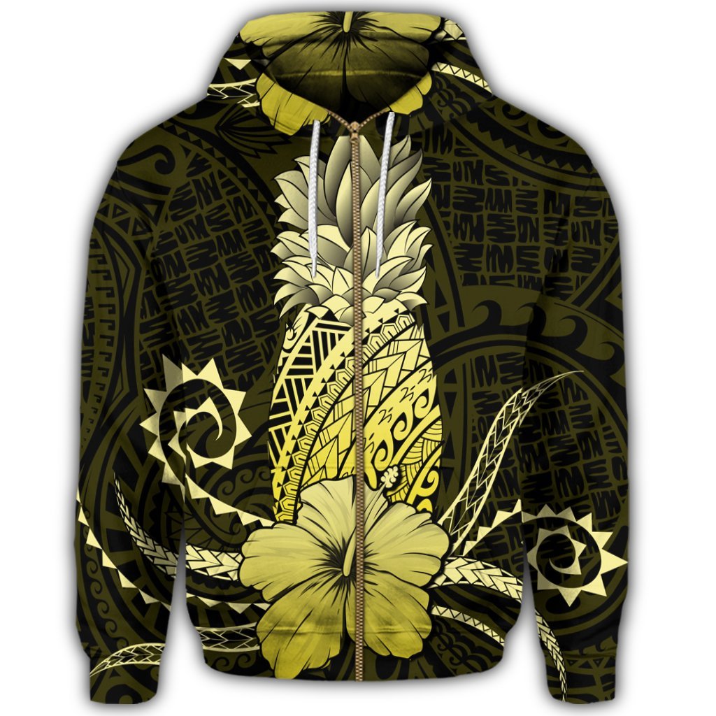 Hawaii Polynesian Zip Hoodie Pineapple Hibiscus Yellow - Polynesian Pride