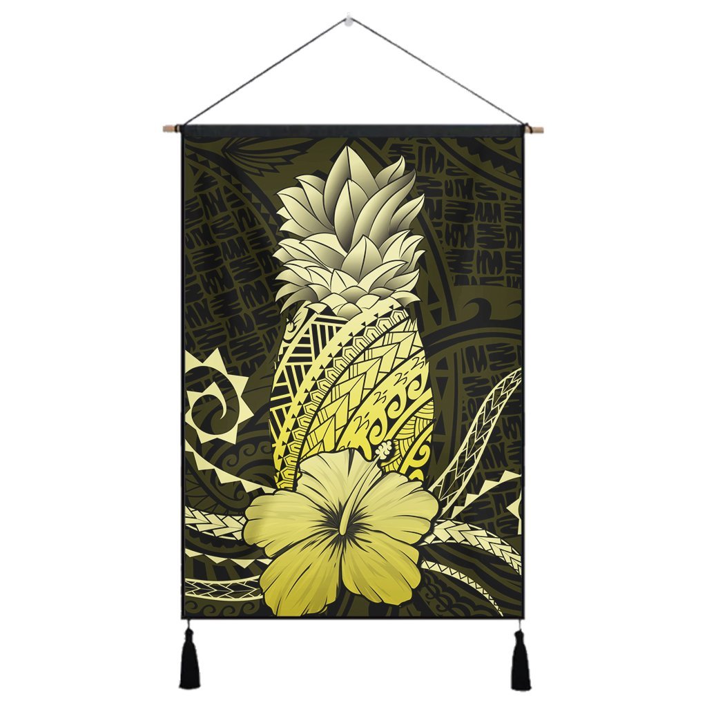 Hawaii Polynesian Pineapple Hibiscus Hanging Poster - Yellow - AH Hanging Poster Cotton And Linen - Polynesian Pride
