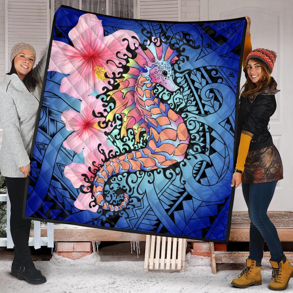 Hawaii Polynesian Pink Hibiscus Seahorse Premium Quilts - AH - Polynesian Pride