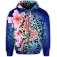 Hawaii Polynesian Pink Hibiscus Seahorse Zip Hoodie - Polynesian Pride
