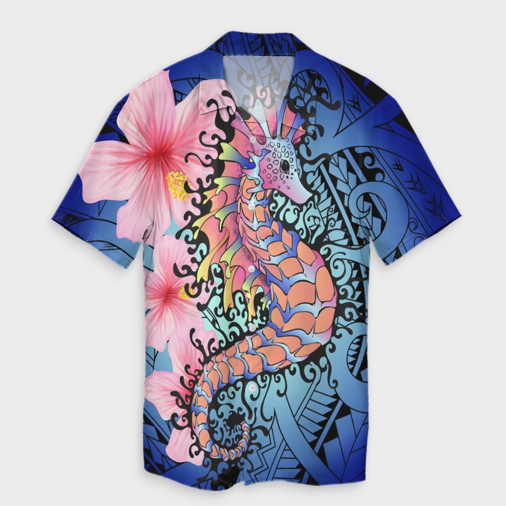 Hawaii Polynesian Pink Hibiscus Seahorse Hawaiian Shirt - AH Unisex Black - Polynesian Pride