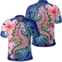 Hawaii Polynesian Pink Hibiscus Seahorse Polo Shirt Unisex Black - Polynesian Pride