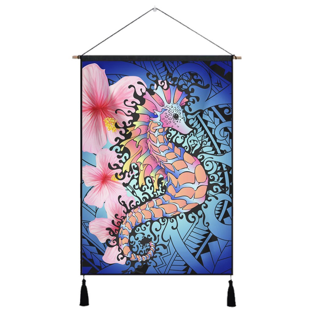 Hawaii Polynesian Pink Hibiscus Seahorse Hanging Poster - AH Hanging Poster Cotton And Linen - Polynesian Pride