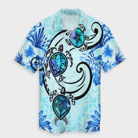 Hawaii Polynesian Plumeria Hibiscus Turtle Hawaiian Shirt - AH - Jack Style - Blue Unisex Black - Polynesian Pride