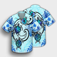 Hawaii Polynesian Plumeria Hibiscus Turtle Hawaiian Shirt - AH - Jack Style - Blue - Polynesian Pride