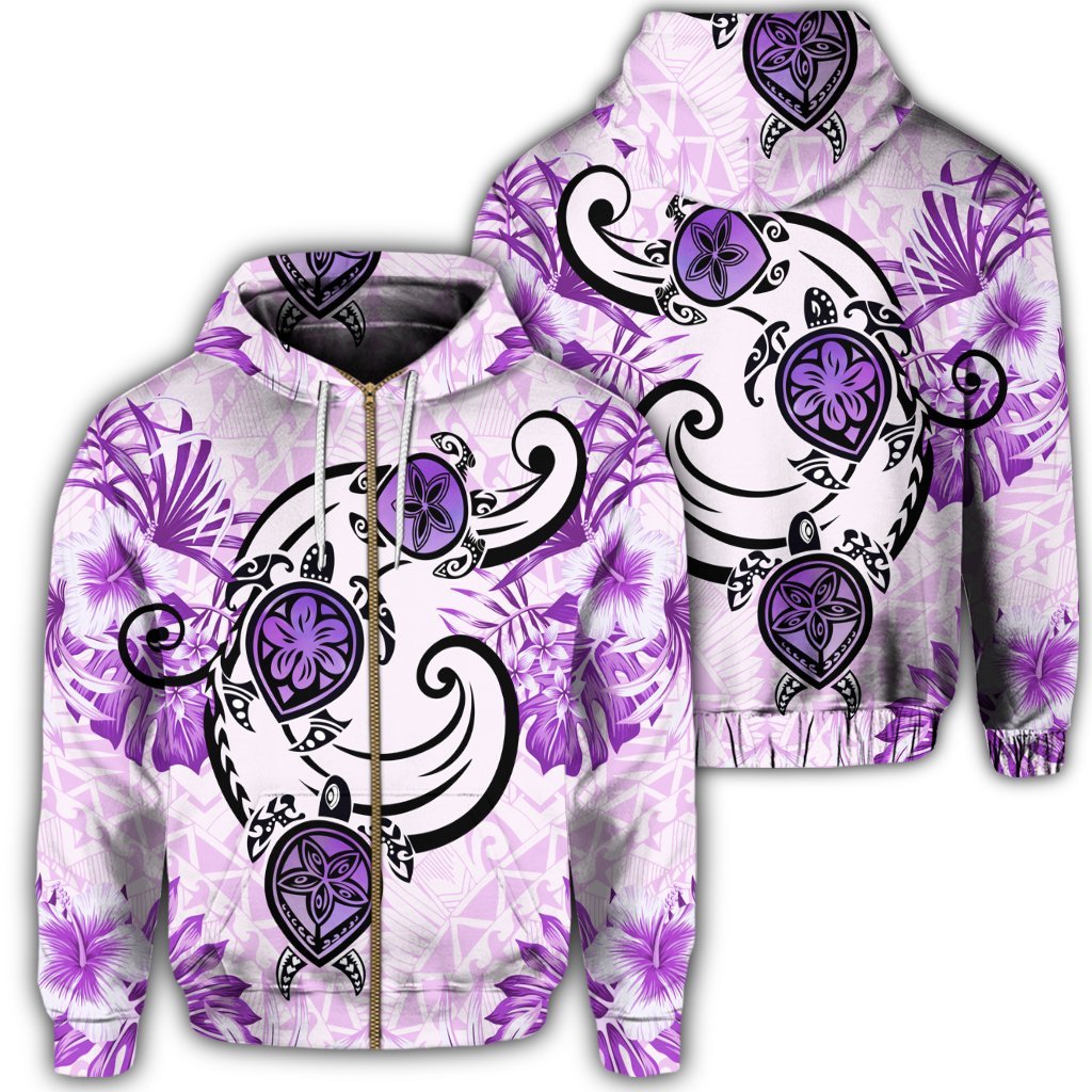 Hawaii Polynesian Plumeria Hibiscus Turtle Zip Hoodie Jack Style Pink Unisex Art - Polynesian Pride