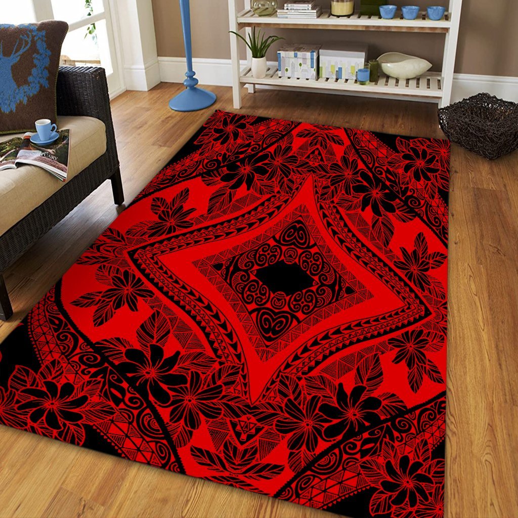 Hawaii Polynesian Plumeria Mix Red Black Area Rug - AH - Polynesian Pride