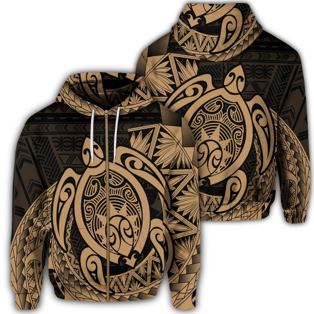 Hawaii Polynesian Turtle Zip Hoodie Gold Unisex Art - Polynesian Pride