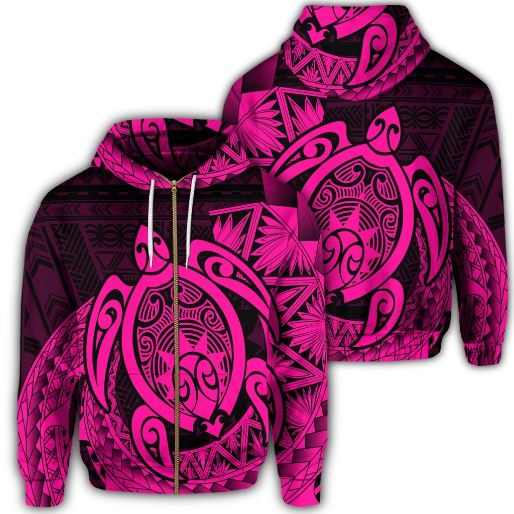 Hawaii Polynesian Turtle Zip Hoodie Pink Unisex Art - Polynesian Pride