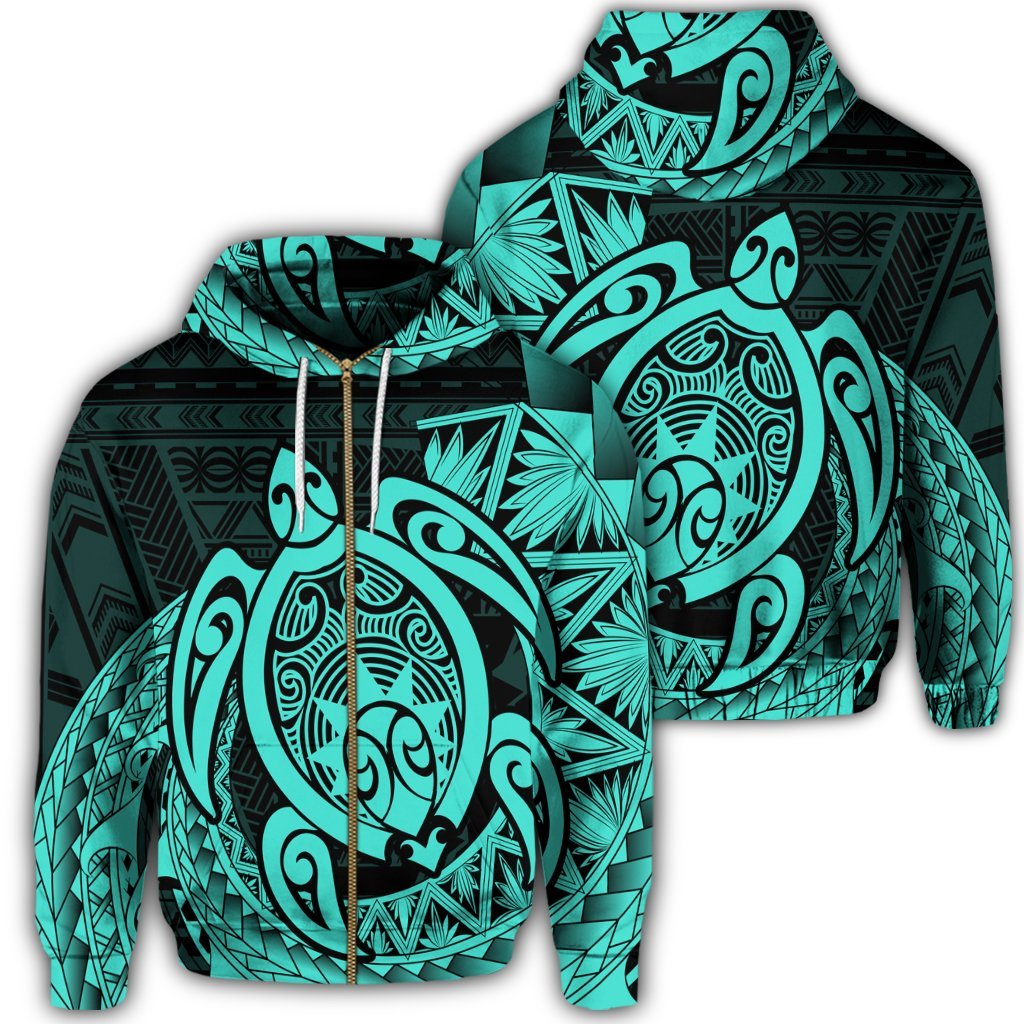 Hawaii Polynesian Turtle Zip Hoodie Turquoise Unisex Art - Polynesian Pride