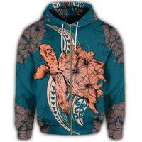 Hawaii Zip Hoodie Polynesian Turtle with Hibiscus - Polynesian Pride