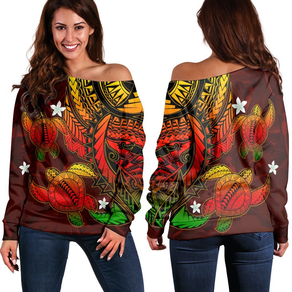Hawaii Polynesian Turtle Hibiscus Women's Off Shoulder Sweater - Color Flag - AH Black - Polynesian Pride