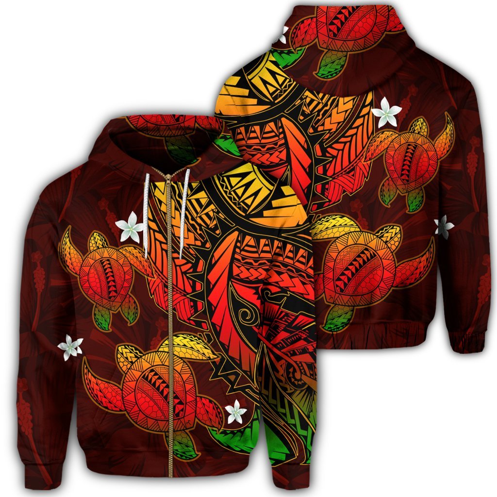 Hawaii Zip Hoodie Polynesian Turtle with Hibiscus Color Flag Unisex Art - Polynesian Pride