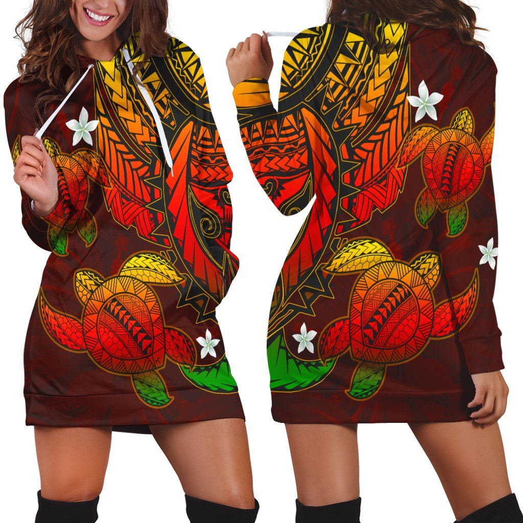 Hawaii Polynesian Turtle Hibiscus Hoodie Dress - Color Flag - AH Black - Polynesian Pride