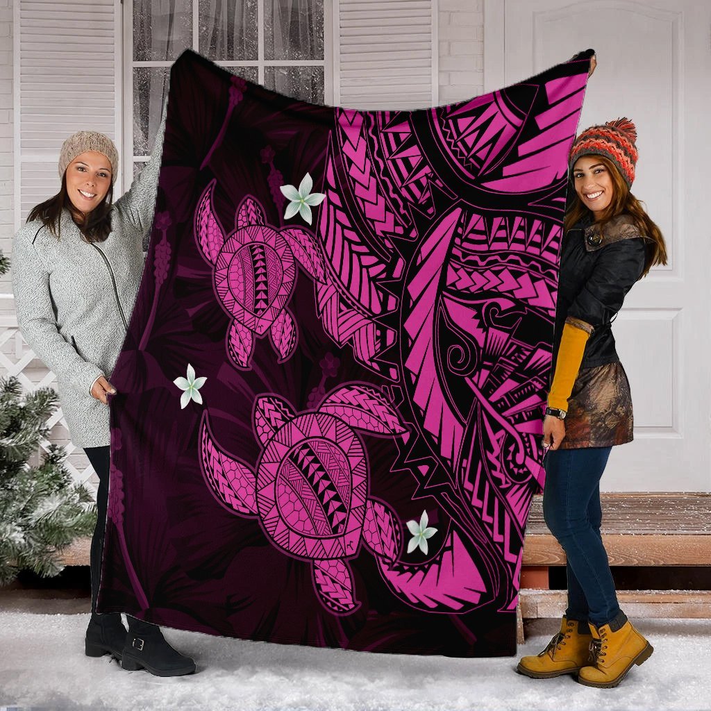 Hawaii Polynesian Turtle Hibiscus Premium Blankets - Pink - AH - Polynesian Pride