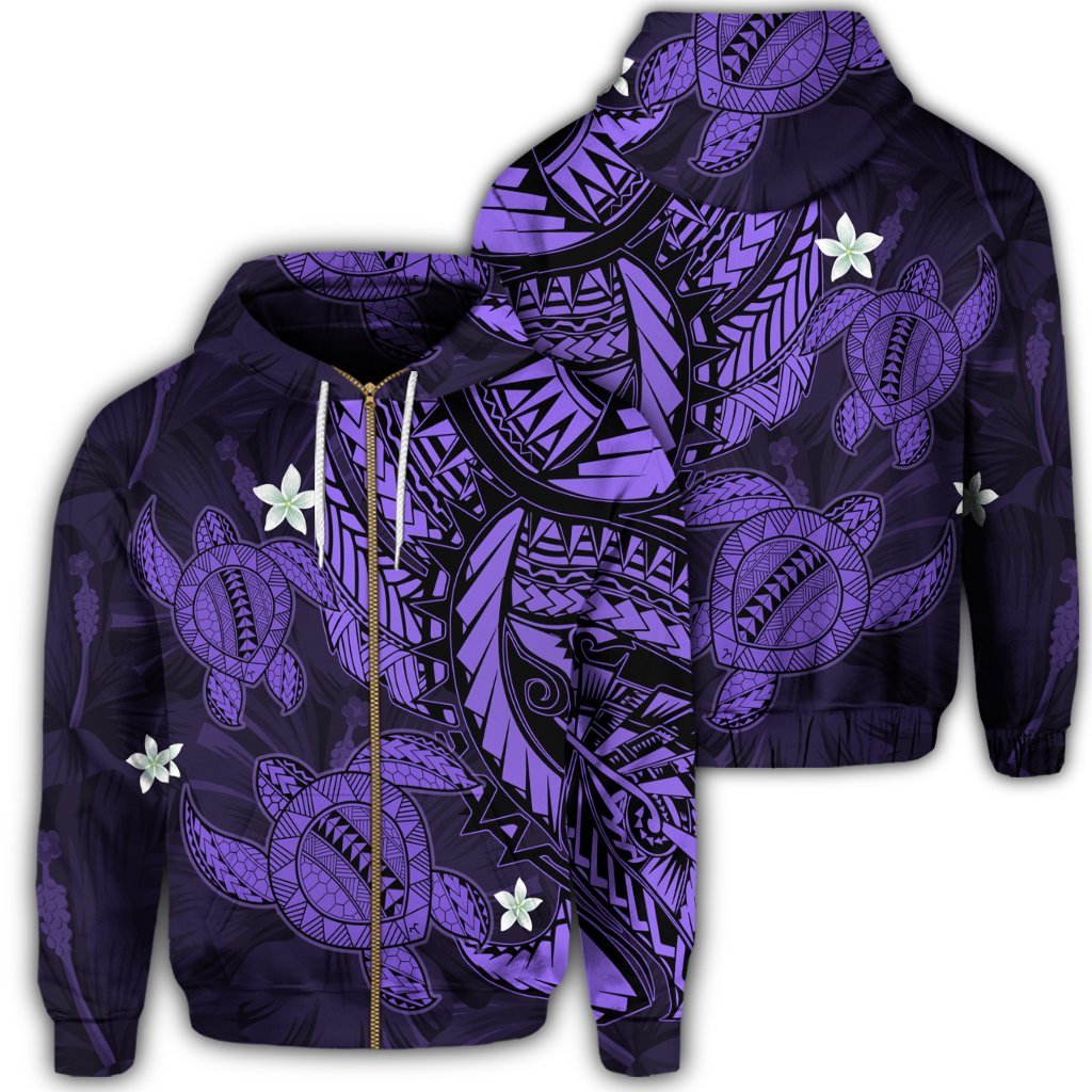 Hawaii Zip Hoodie Polynesian Turtle with Hibiscus Purple Unisex Art - Polynesian Pride