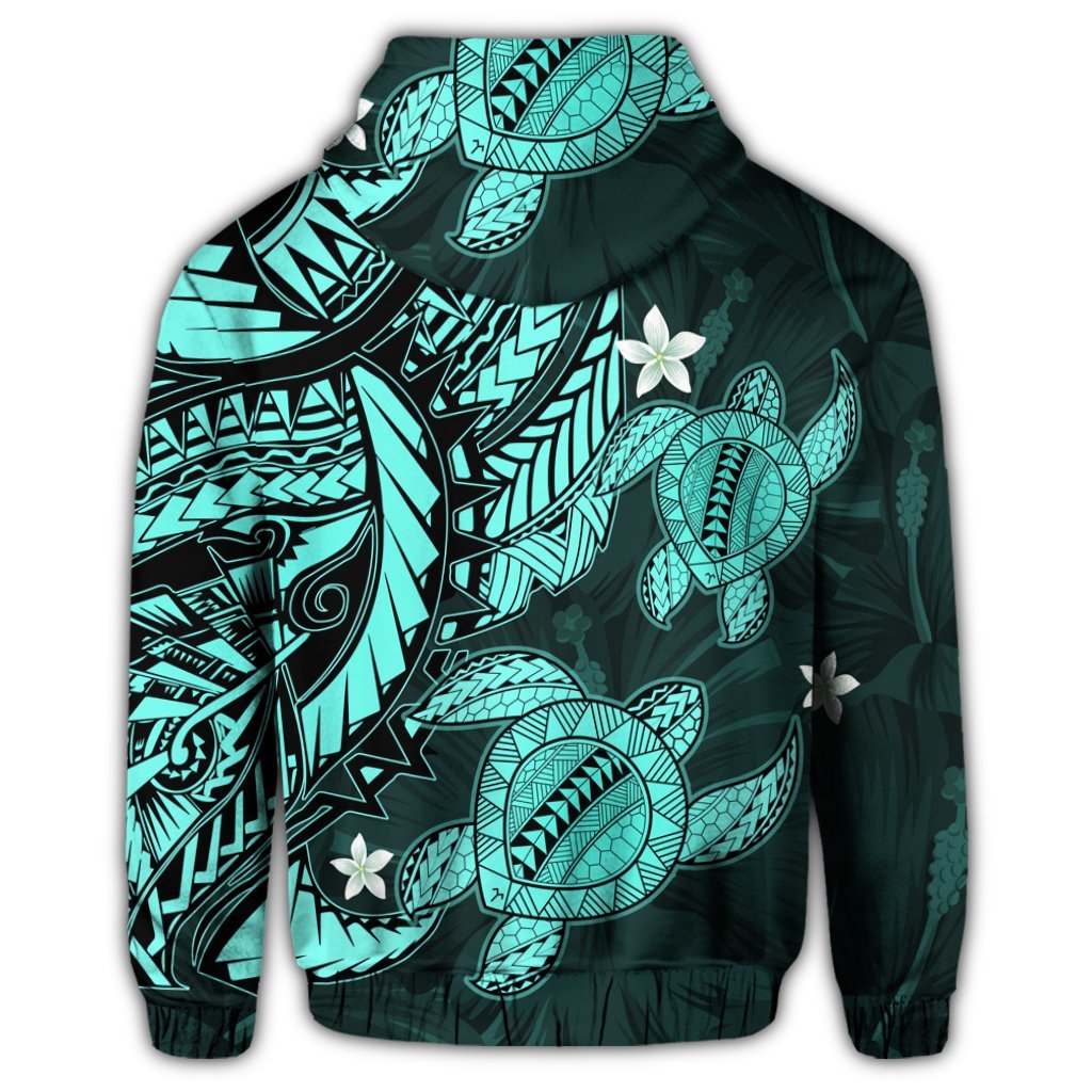 Hawaii Zip Hoodie Polynesian Turtle with Hibiscus Turquoise - Polynesian Pride