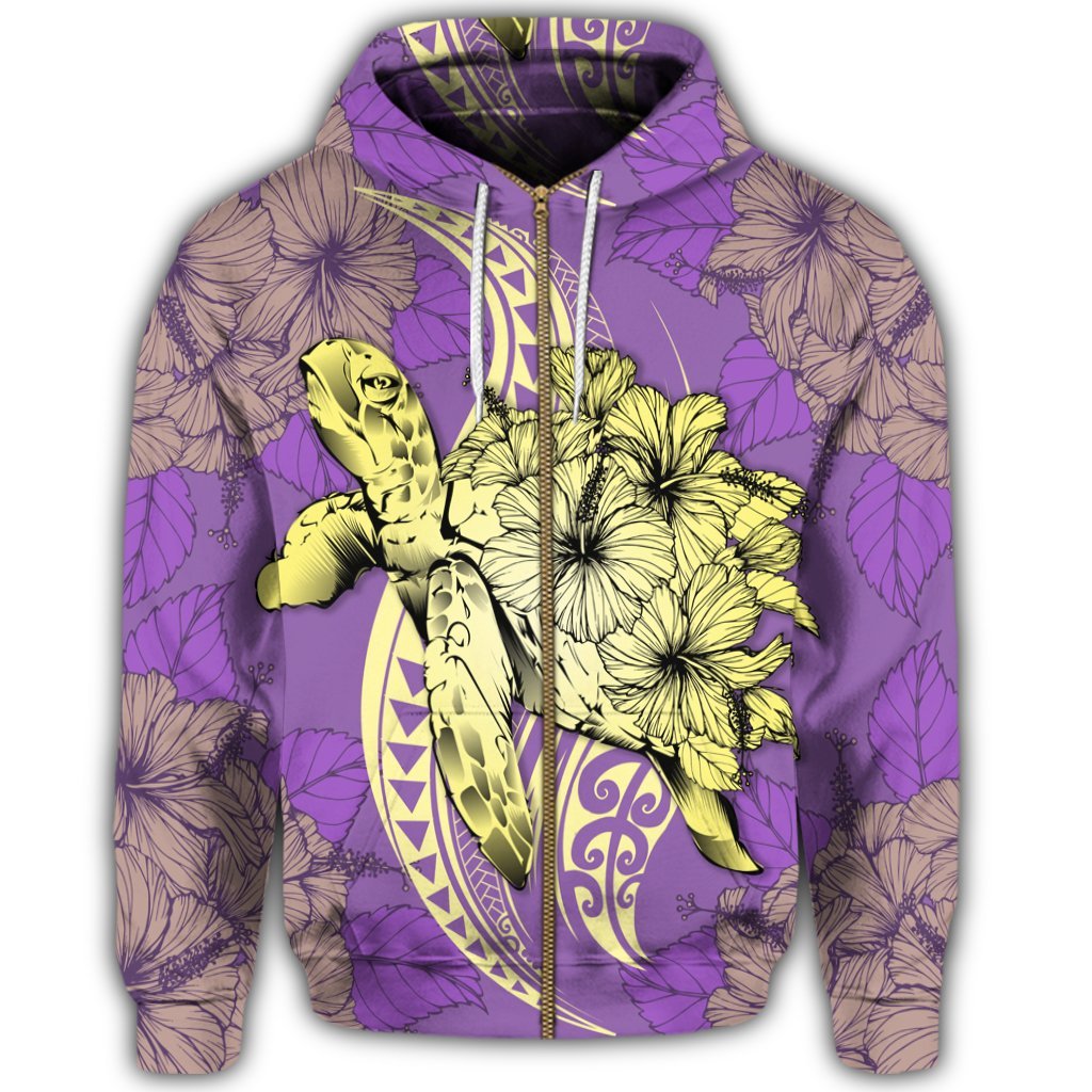 Hawaii Zip Hoodie Polynesian Turtle with Hibiscus Yellow - Polynesian Pride