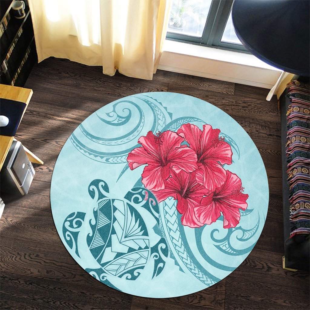 Hawaii Polynesian Turtle Hibiscus Blue Round Carpet - Bless Style - AH - Polynesian Pride