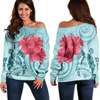 Hawaii Polynesian Turtle Hibiscus Blue Women's Off Shoulder Sweater - Bless Style - AH Black - Polynesian Pride