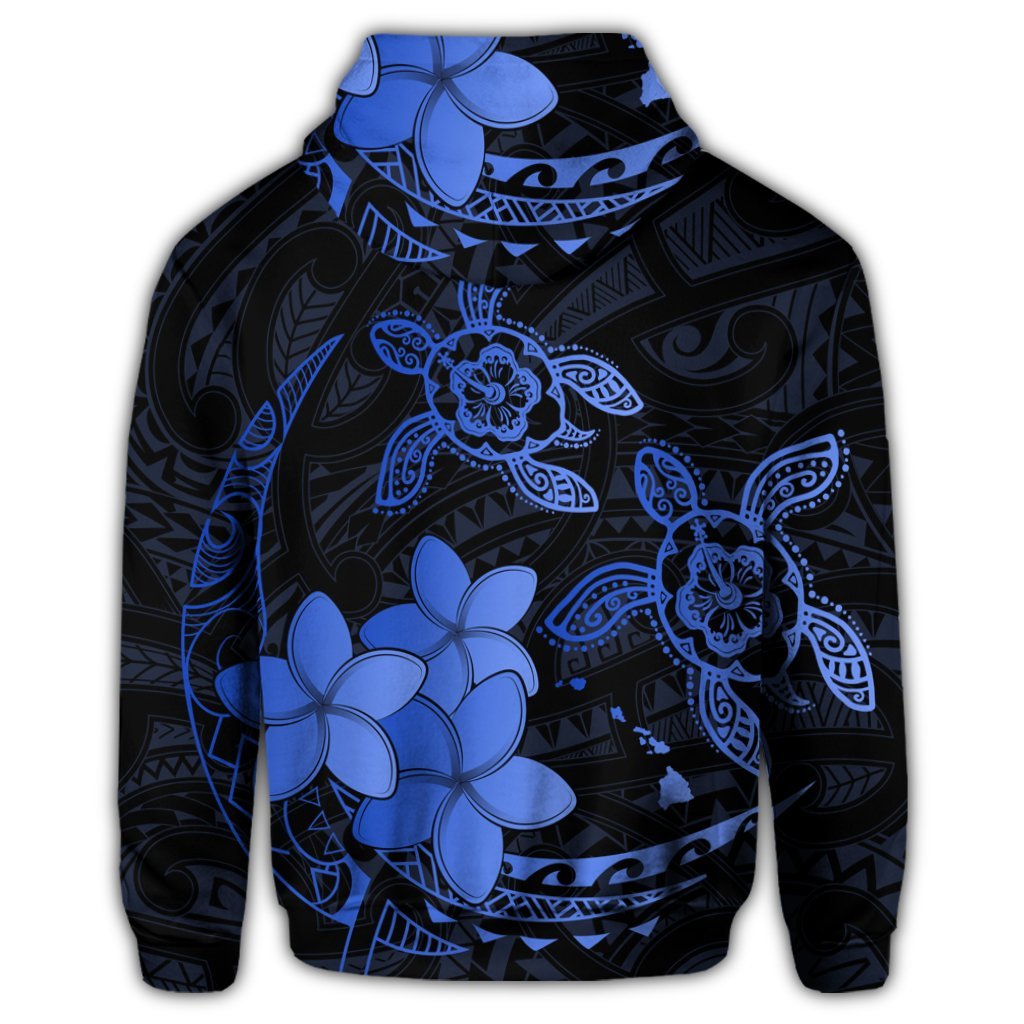 Hawaii Zip Hoodie Polynesian Turtle with Plumeria Pog Style Blue - Polynesian Pride