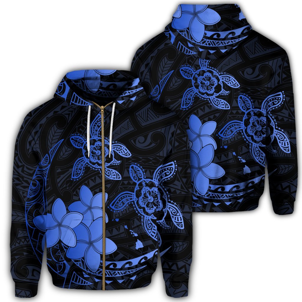 Hawaii Zip Hoodie Polynesian Turtle with Plumeria Pog Style Blue Unisex Art - Polynesian Pride