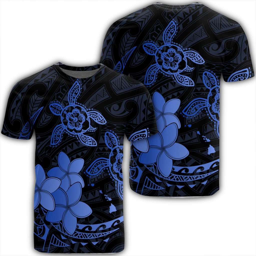 Hawaii Polynesian Turtle Plumeria T Shirt Pog Style Blue Unisex Black - Polynesian Pride