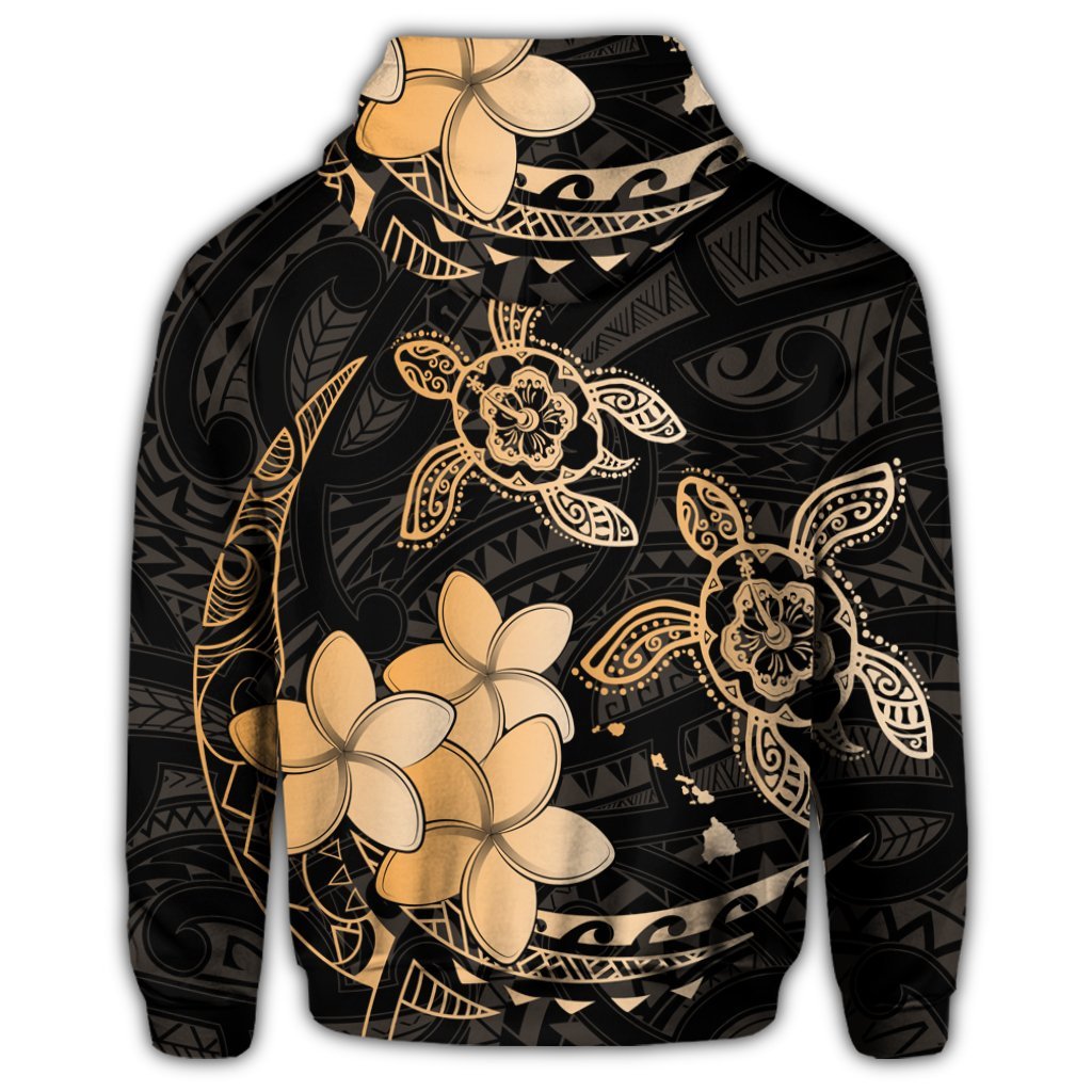 Hawaii Zip Hoodie Polynesian Turtle with Plumeria Pog Style Gold - Polynesian Pride
