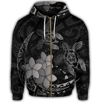 Hawaii Zip Hoodie Polynesian Turtle with Plumeria Pog Style Gray - Polynesian Pride