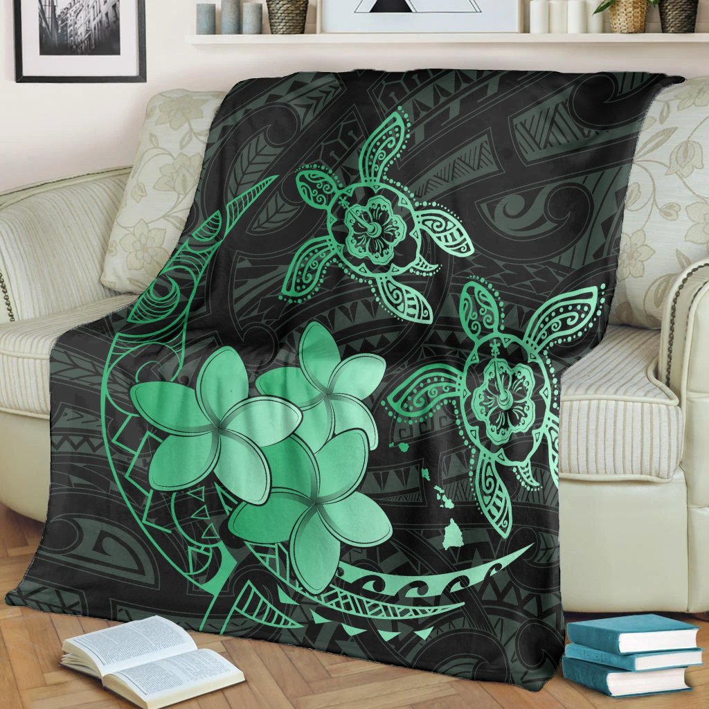 Hawaii Polynesian Turtle Plumeria Premium Blankets - Pog Style Green - AH - Polynesian Pride