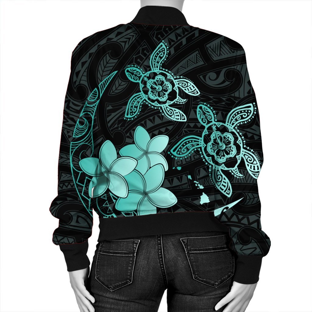 Hawaii Polynesian Turtle Plumeria Bomber Jacket - Pog Style Turquoise - AH - Polynesian Pride