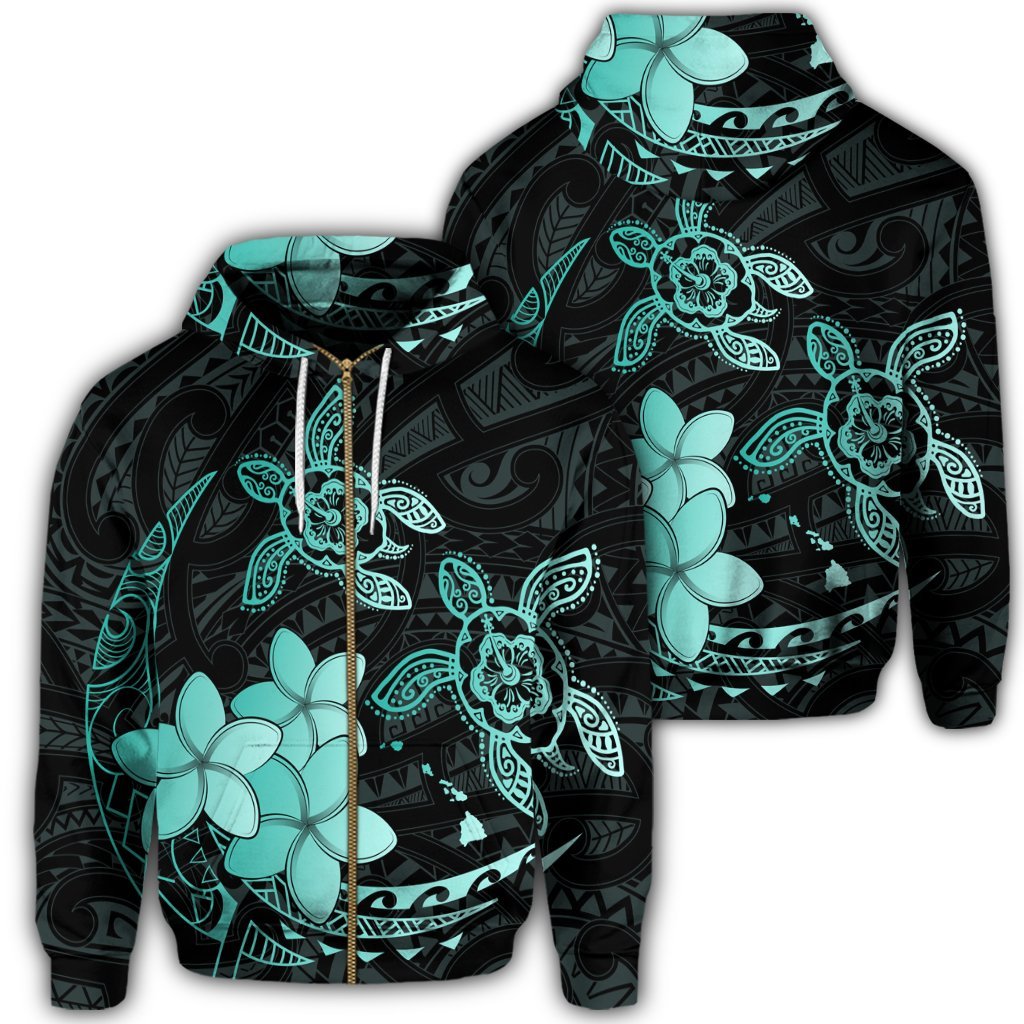 Hawaii Zip Hoodie Polynesian Turtle with Plumeria Pog Style Turquoise Unisex Art - Polynesian Pride
