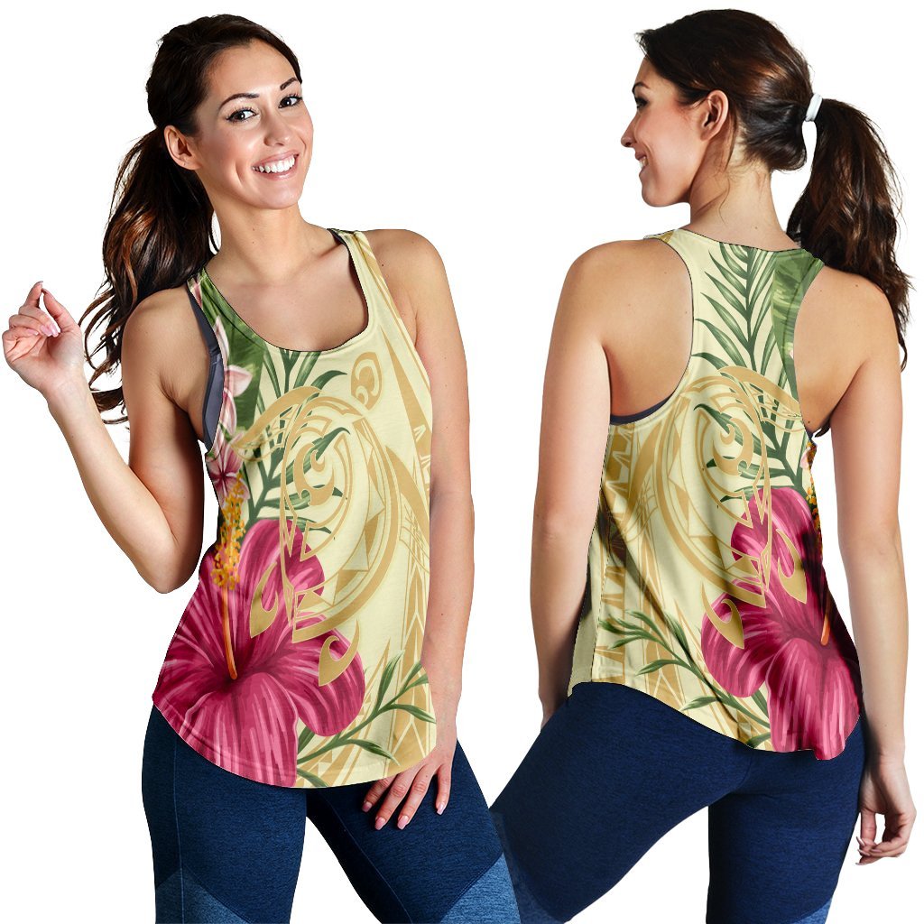 Hawaii Polynesian Turtle Tropical Hibiscus Plumeria Racerback Tank - Beige - AH Black - Polynesian Pride