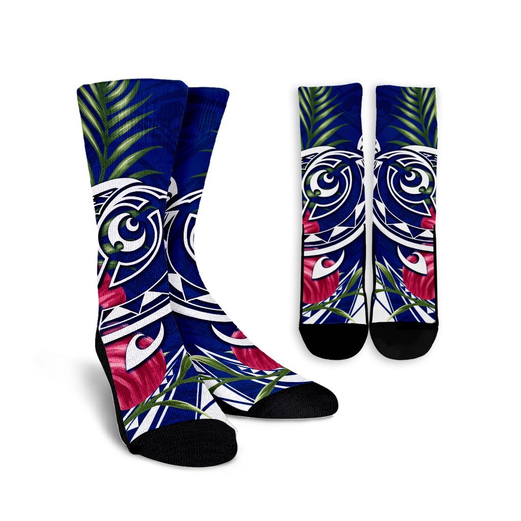 Hawaii Polynesian Turtle Tropical Hibiscus Plumeria Crew Socks - Blue - AH Crew Socks White - Polynesian Pride