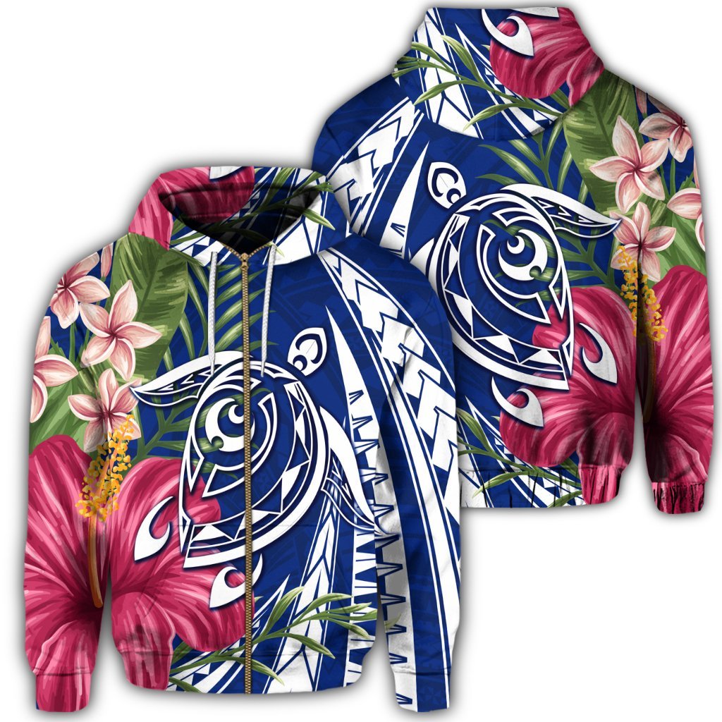 Hawaii Zip Hoodie Polynesian Turtle Tropical Hibiscus Plumeria Blue Unisex Art - Polynesian Pride