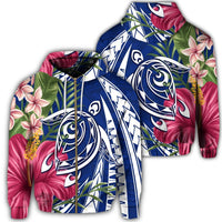 Hawaii Zip Hoodie Polynesian Turtle Tropical Hibiscus Plumeria Blue Unisex Art - Polynesian Pride