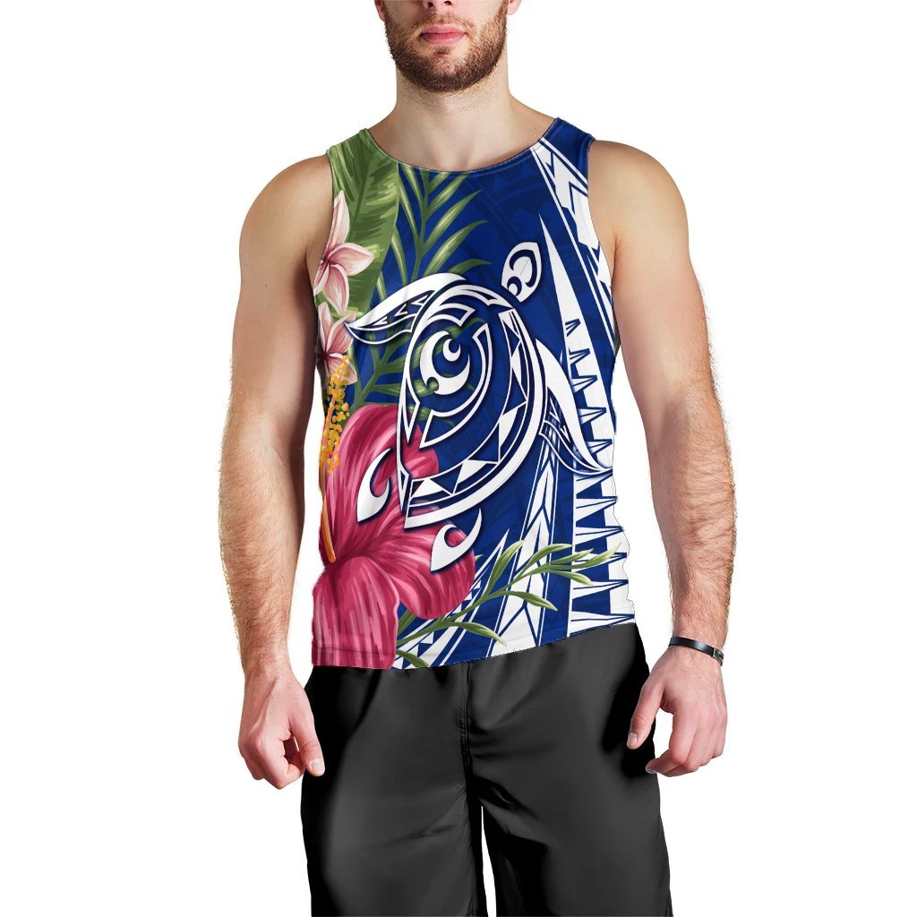 Hawaii Polynesian Turtle Tropical Hibiscus Plumeria Tank Top - Blue - AH Black - Polynesian Pride