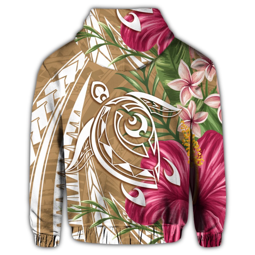 Hawaii Zip Hoodie Polynesian Turtle Tropical Hibiscus Plumeria Gold - Polynesian Pride
