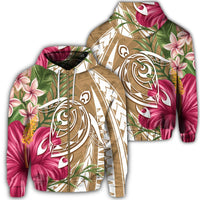 Hawaii Zip Hoodie Polynesian Turtle Tropical Hibiscus Plumeria Gold Unisex Art - Polynesian Pride