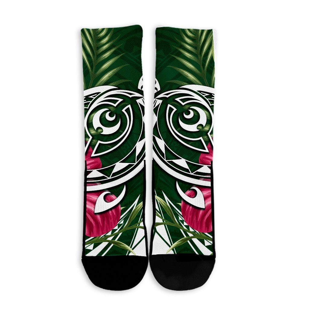 Hawaii Polynesian Turtle Tropical Hibiscus Plumeria Crew Socks - Green - AH - Polynesian Pride