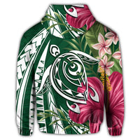 Hawaii Zip Hoodie Polynesian Turtle Tropical Hibiscus Plumeria Green - Polynesian Pride