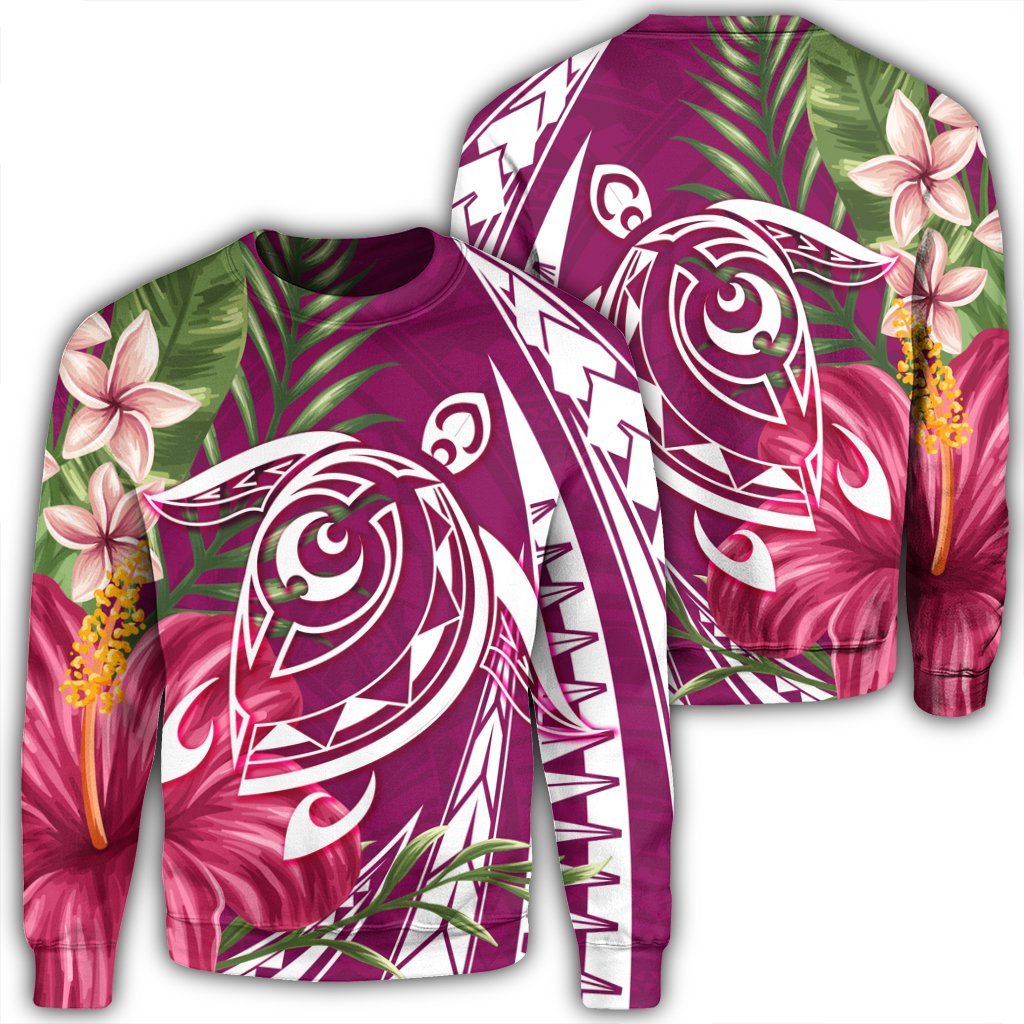 Hawaii Polynesian Turtle Tropical Hibiscus Plumeria Sweatshirt - Pink - AH Unisex Black - Polynesian Pride