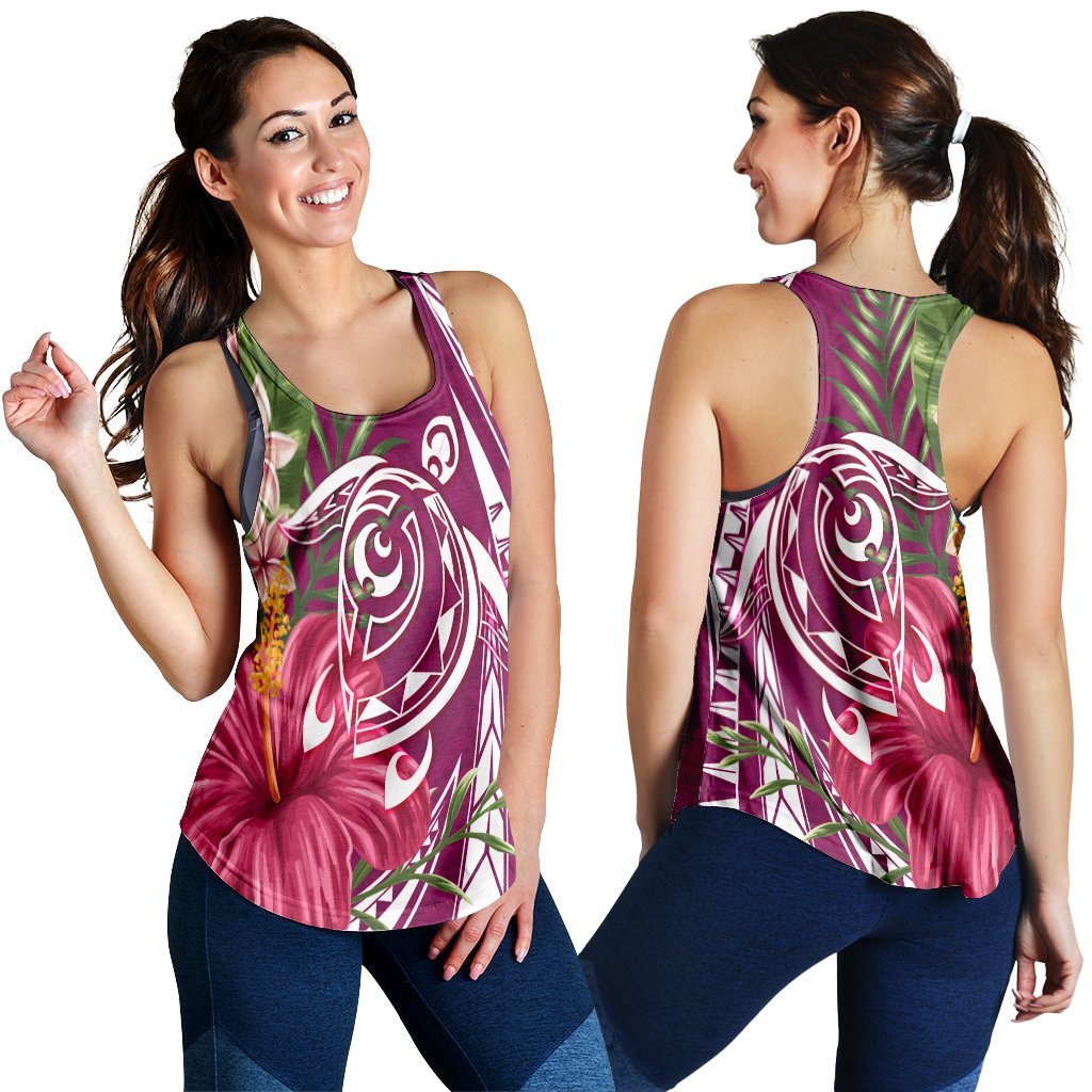 Hawaii Polynesian Turtle Tropical Hibiscus Plumeria Racerback Tank - Pink - AH Black - Polynesian Pride